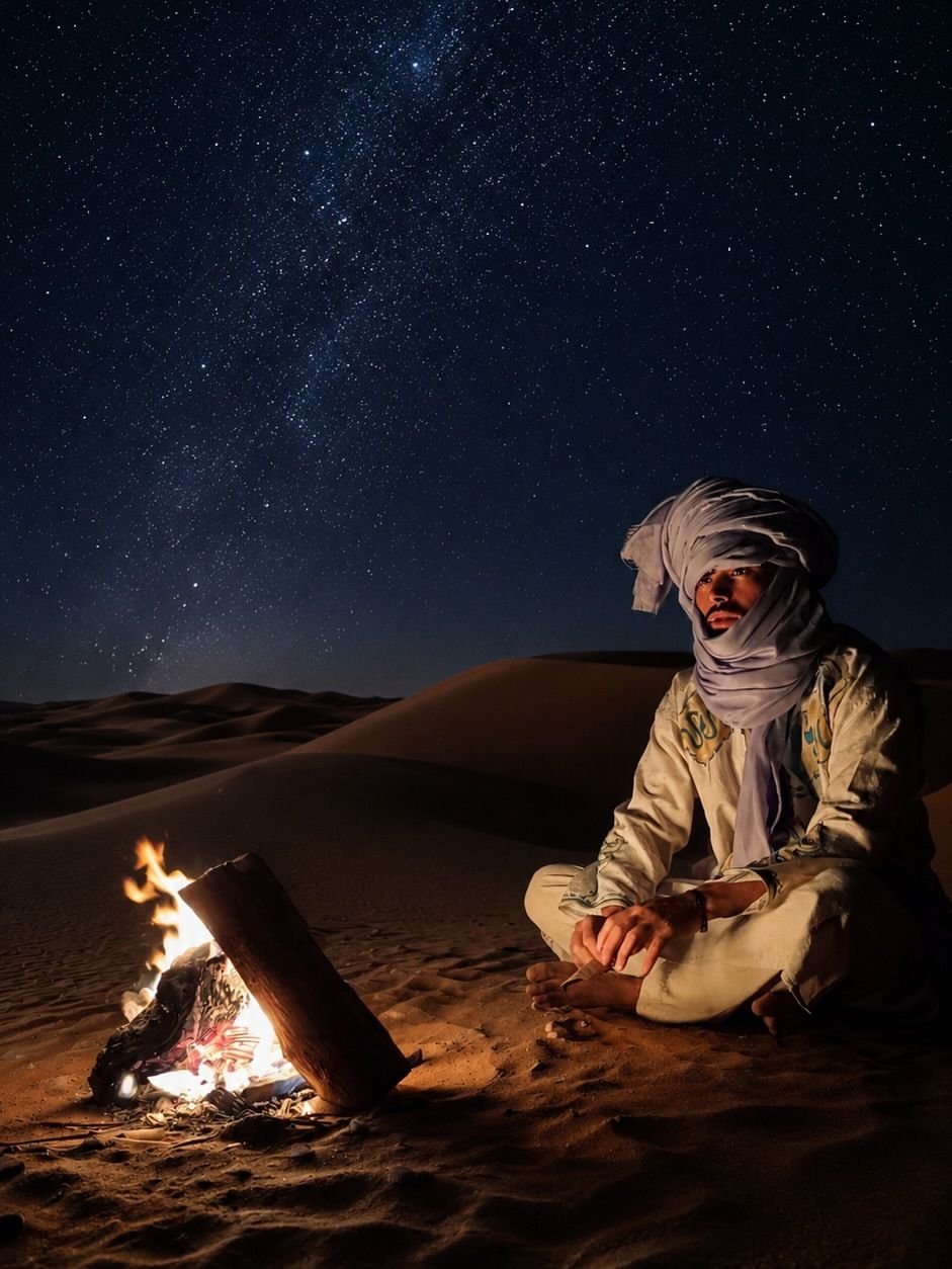 Campfire under a starry sky in the Sahara