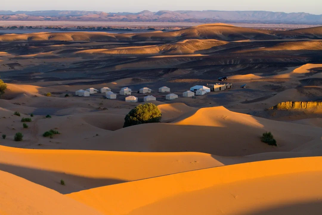 Luxury desert camp at dusk