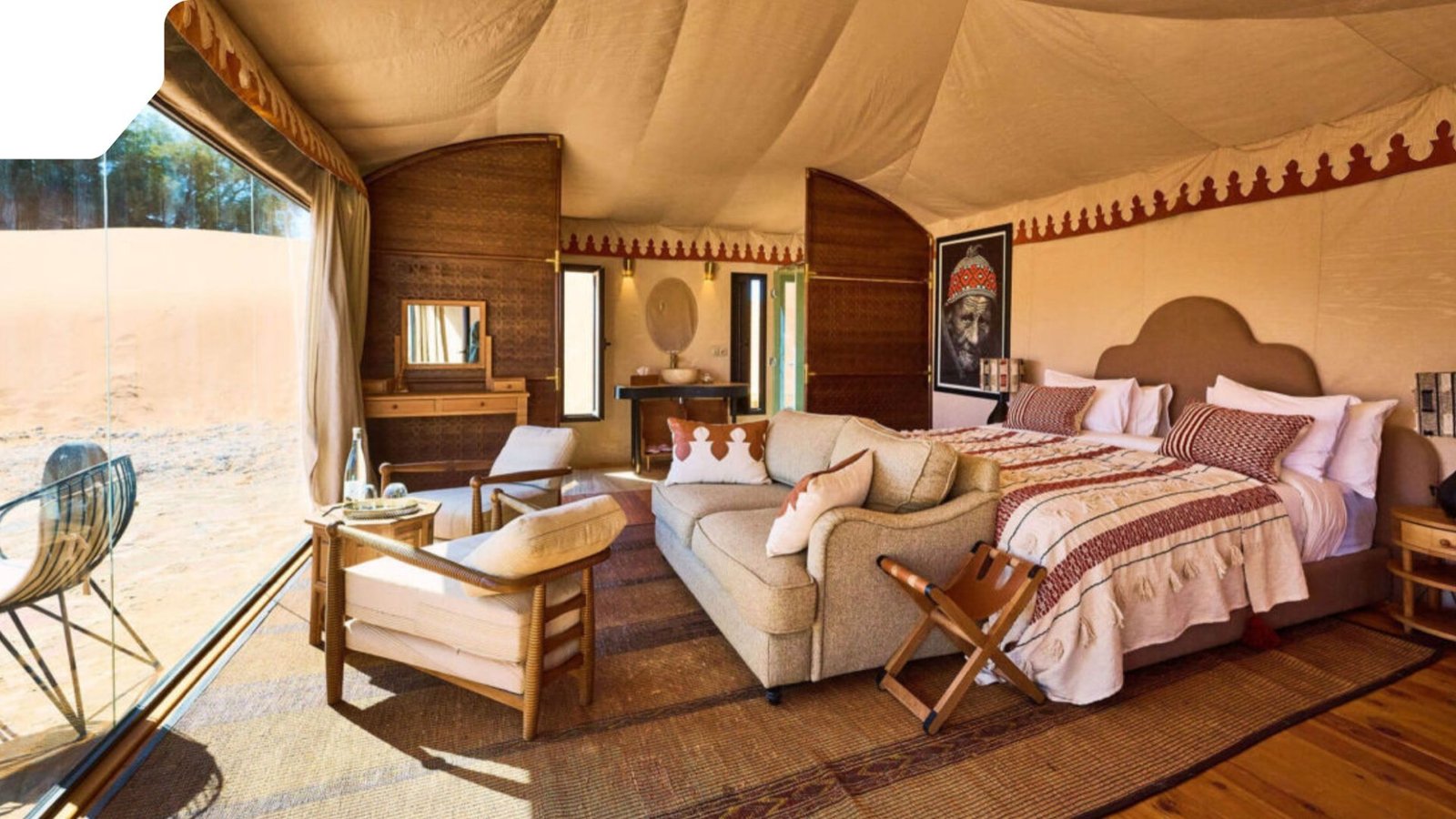 Luxury desert camp tent interior in Merzouga